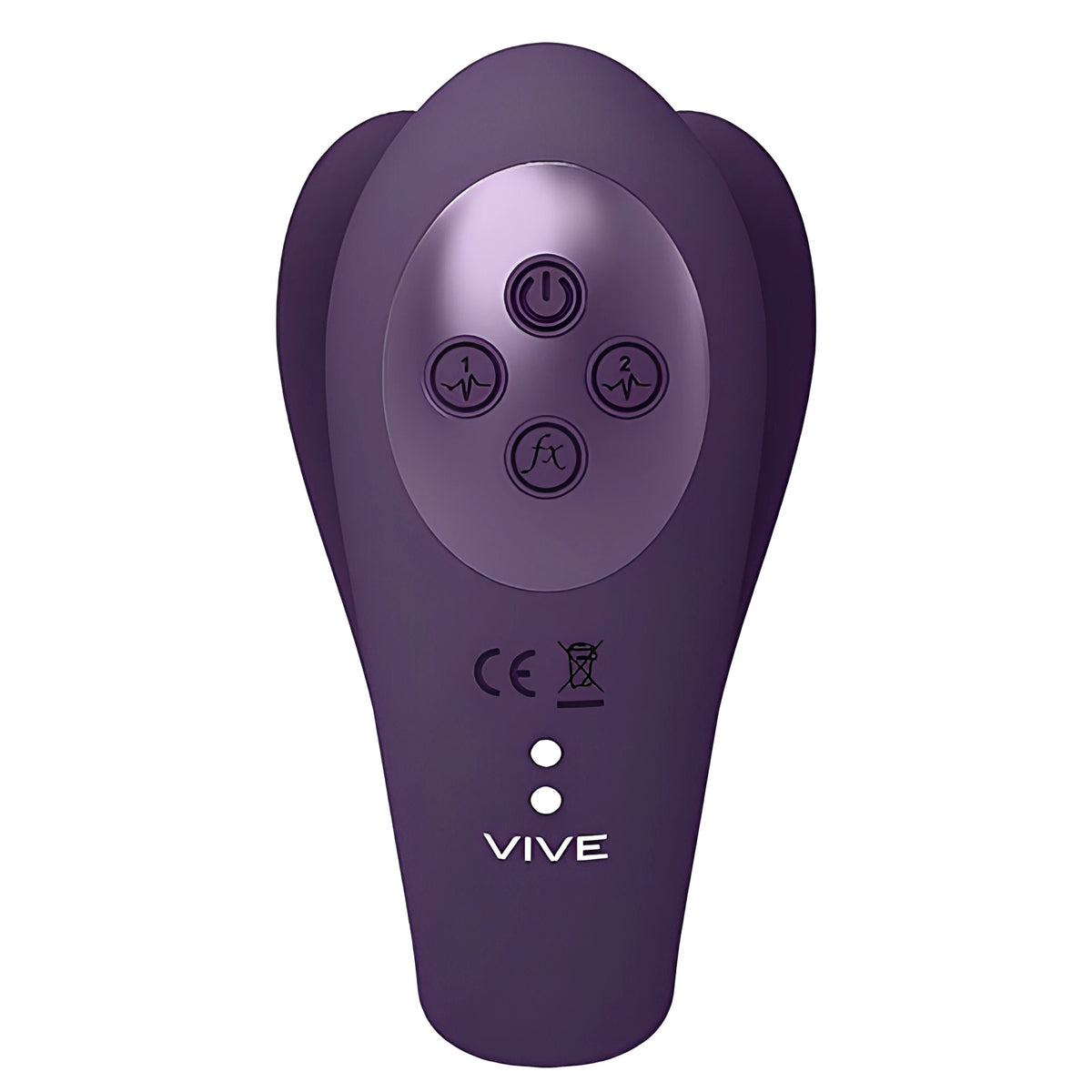 Стимулатор Yoko Purple в лилав цвят, изглед отгоре с четири бутона за управление, надпис VIVE и маркировки CE