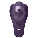 Стимулатор Yoko Purple в лилав цвят, изглед отгоре с четири бутона за управление, надпис VIVE и маркировки CE