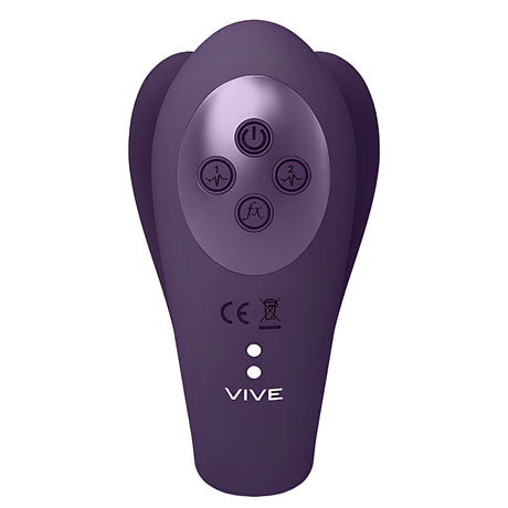 Стимулатор Yoko Purple в лилав цвят, изглед отгоре с четири бутона за управление, надпис VIVE и маркировки CE