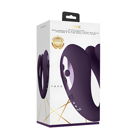 Бяла кутия на стимулатор Yoko Purple на Vive със златна значка „Best New Product“ и лилавия продукт с бутони отпред