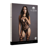 Кутия на бодистокинг Suspender на Le Désir с модел в черно мрежесто бельо, надпис „Designed for Desire“ и размер One Size на гърба