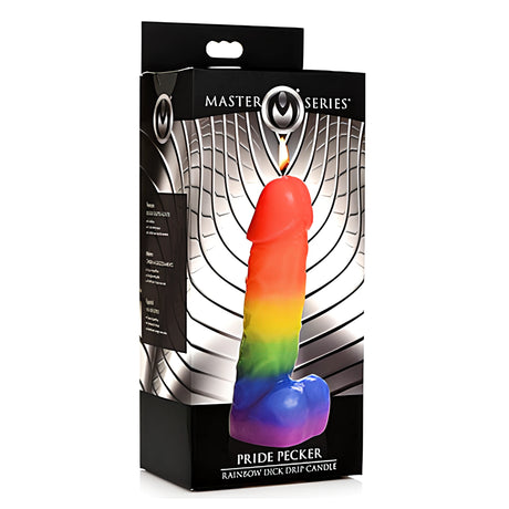 Черна опаковка на свещ Pride Pecker от Master Series с дъгова свещ в телесна форма и надпис Rainbow Dick Drip Candle