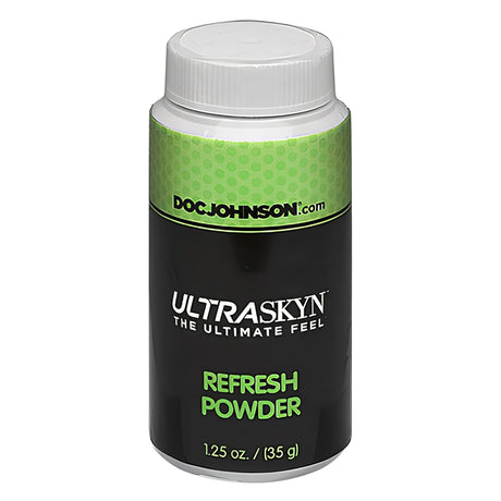 Бяла капачка и черна бутилка Ultraskyn Refresh Powder на Doc Johnson със зелена лента, 35 г, изглед отпред