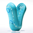 TENGA FLIP ORB Ocean Blue в синьо-зелен цвят, отворен във V-образна форма, с прозрачна текстурирана вътрешност и капки вода