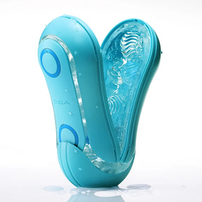 TENGA FLIP ORB Ocean Blue в синьо-зелен цвят, отворен във V-образна форма, с прозрачна текстурирана вътрешност и капки вода