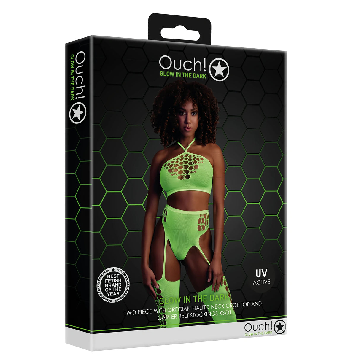 Кутия на Ouch! Glow in the Dark с неоново зелен комплект от топ и жартиерен колан с чорапи, модел на опаковката, надпис UV Active