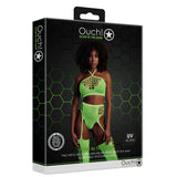 Кутия на Ouch! Glow in the Dark с неоново зелен комплект от топ и жартиерен колан с чорапи, модел на опаковката, надпис UV Active