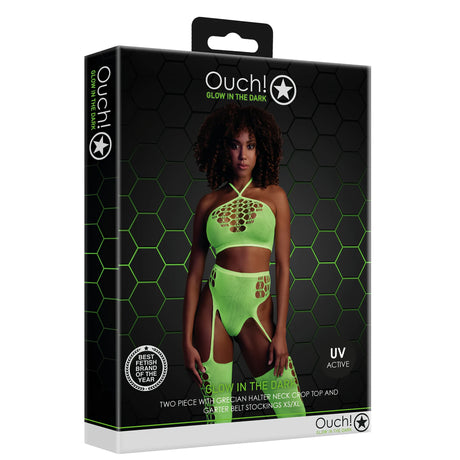 Кутия на Ouch! Glow in the Dark с неоново зелен комплект от топ и жартиерен колан с чорапи, модел на опаковката, надпис UV Active