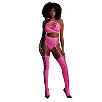 Two Piece with Crop Top and Stockings - One Size - Neon Pink