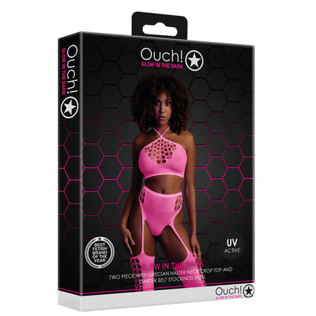 Черна кутия на Ouch! Glow in the Dark с модел в неоново розов crop top и жартиери с чорапи, надпис UV Active, ъглов изглед