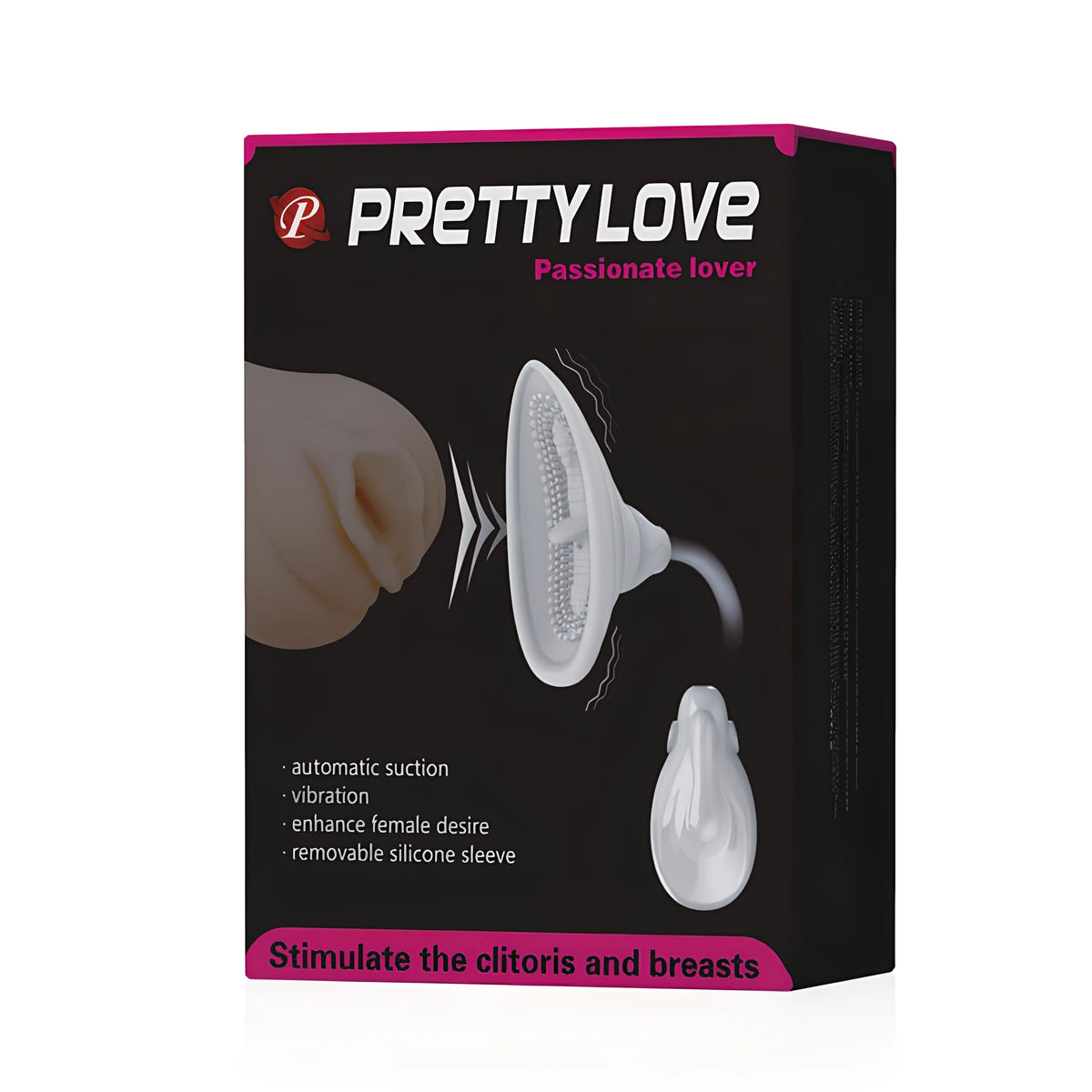 Черна кутия на Pretty Love Passionate Lover с розови елементи, схема на устройството с вибрация и функции: автоматично засмукване, силиконов накрайник