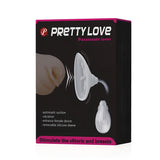 Черна кутия на Pretty Love Passionate Lover с розови елементи, схема на устройството с вибрация и функции: автоматично засмукване, силиконов накрайник