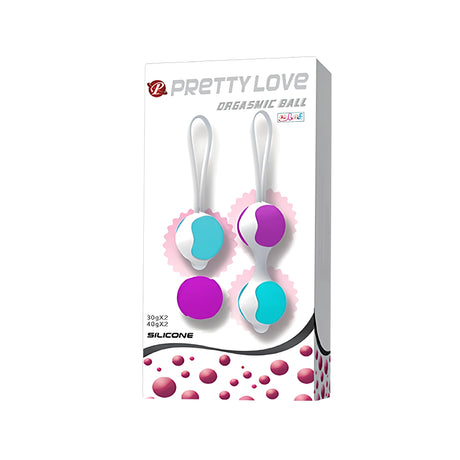 Кутия на Pretty Love Orgasmic Ball с две двойки силиконови топчета в бяло, синьо и лилаво, 30 и 40 грама