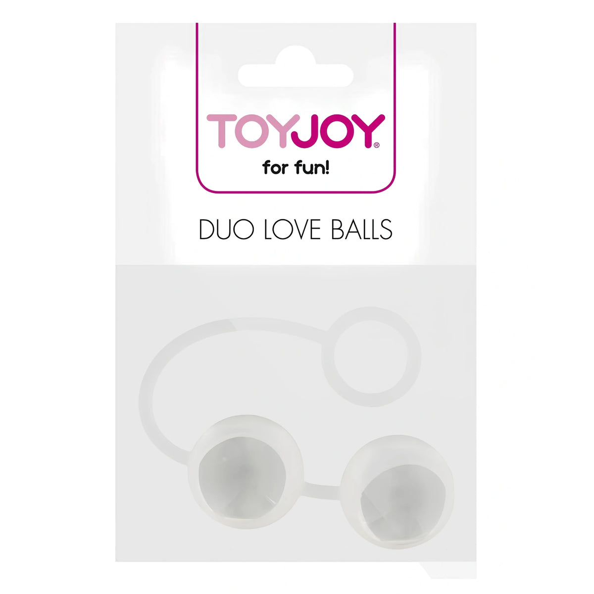 Опаковка на вагинални топчета ToyJoy Duo Love Balls с надпис „for fun!“ и прозрачни топчета на силиконов шнур с пръстен