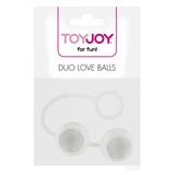 Опаковка на вагинални топчета ToyJoy Duo Love Balls с надпис „for fun!“ и прозрачни топчета на силиконов шнур с пръстен