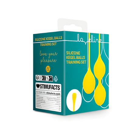Тюркоазена кутия на комплекта Loveline Silicone Kegel Balls Training Set с жълти топчета на лицевата страна и етикет Stimufacts