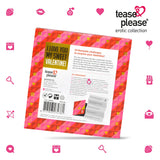 Задната страна на кутията на Valentine Advent Calendar на Tease & Please с надпис „I love you my sweet Valentine“, описание на 24 романтични предизвикателства на 10 езика и баркод