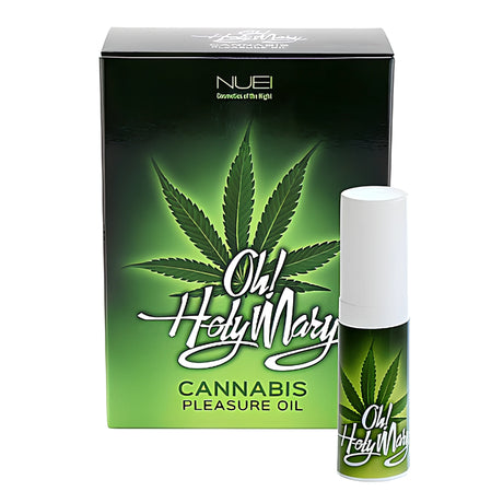Зелена кутия на Oh! Holy Mary Cannabis Pleasure Oil на NUEI с листо канабис и до нея малка бутилка с бяла капачка