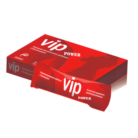 Червена кутия VIP Power на Elimus с лежащо пред нея саше със същия дизайн; надпис: билкова хранителна добавка с Епимедиум