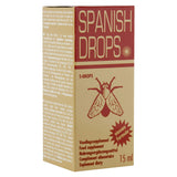 Златиста кутия на Spanish Drops S-Drops от Cobeco Pharma, 15 ml, с червена илюстрация на муха и многоезични надписи отстрани