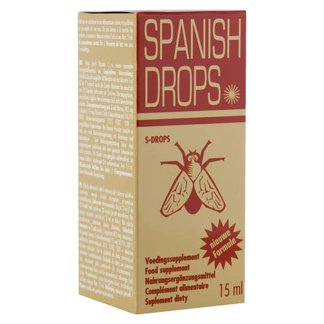 Златиста кутия на Spanish Drops S-Drops от Cobeco Pharma, 15 ml, с червена илюстрация на муха и многоезични надписи отстрани