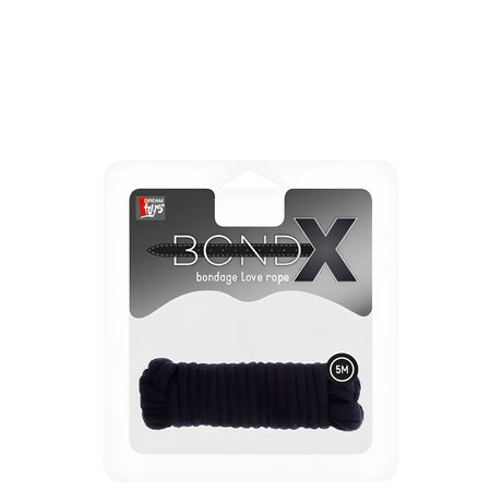 Опаковка на въже BondX 5 м в черно с надпис „bondage love rope“, лого на Dream Toys и навито въже зад прозрачния панел