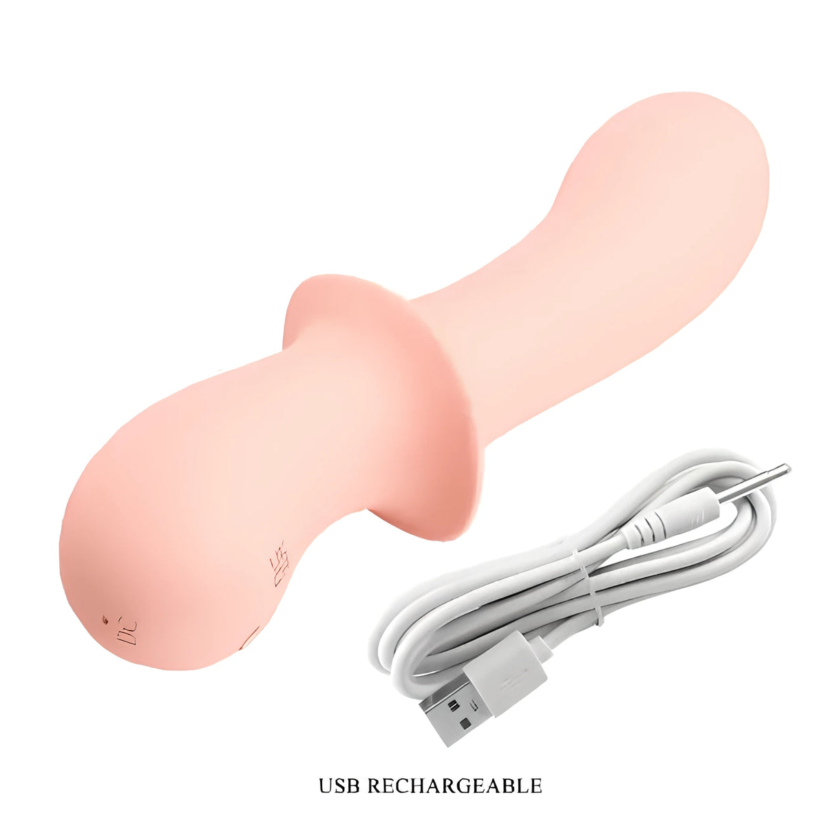Телесен вибратор Abigal на Pretty Love с навит бял USB кабел за зареждане до него и надпис USB RECHARGEABLE