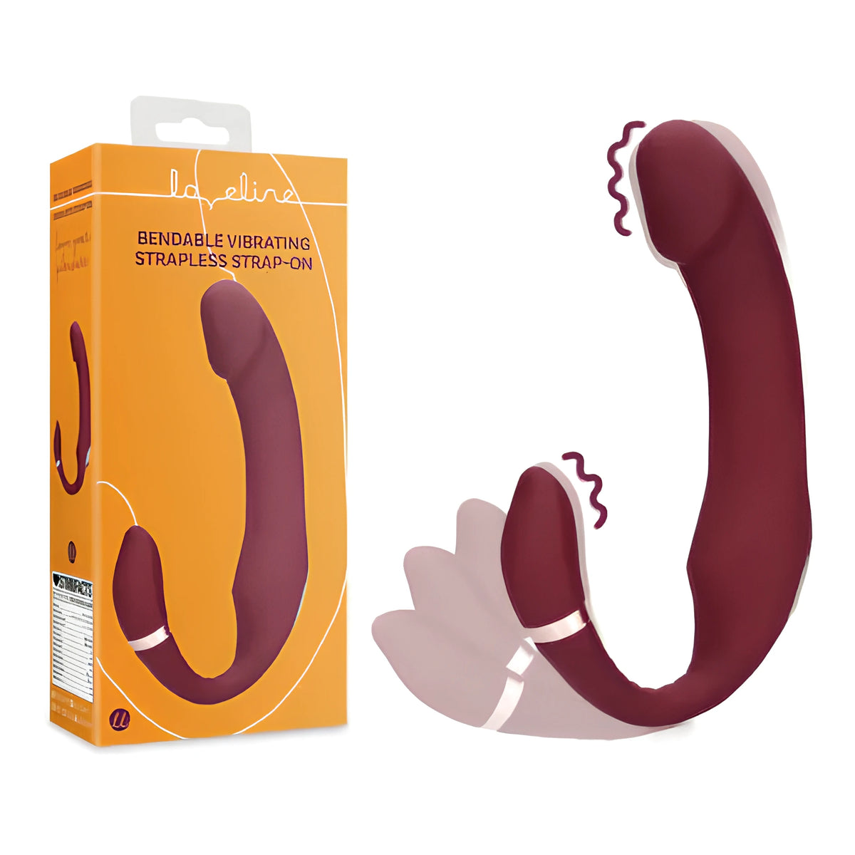 Оранжева опаковка на Loveline Bendable Vibrating Strapless Strap-on до бордовия вибратор с вълнички за вибрация и показано огъване