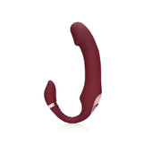Вибратор Bendable Strapless Strap-on на Shots в бордо със златист акцент, гледан отстрани на бял фон
