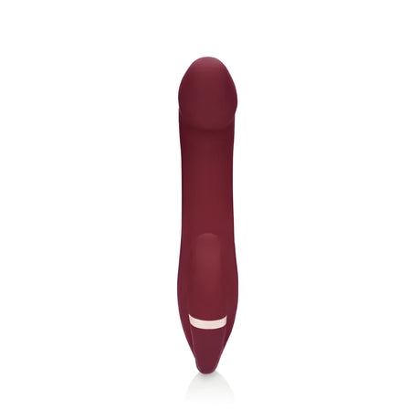 Вибратор Bendable Strapless Strap-on на Shots в бордо, изглед отпред на гладкото силиконово тяло с розова метална лента в основата