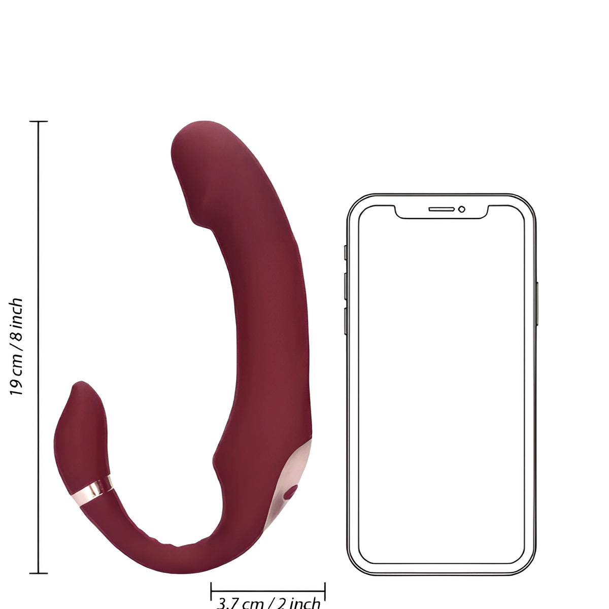 Вибратор Bendable Strapless Strap-on на Shots в бордо с размери 19 см на височина и 3,7 см ширина, до контур на смартфон за сравнение