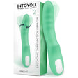 Мятнозелен вибратор Brightmint на IntoYou до бялата си кутия с надпис Ergonomic 360° Function Vibrator и стрелки за въртене