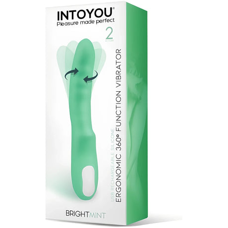 Зелена кутия на вибратор Brightmint на IntoYou с надпис „Ergonomic 360° function vibrator“ и стрелки за въртене на върха