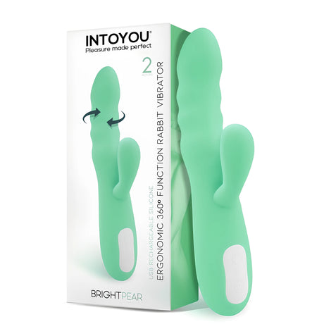 Вибратор IntoYou Brightpear в мента зелено до бялата си кутия с надпис „Ergonomic 360° function rabbit vibrator“ и 2 мотора