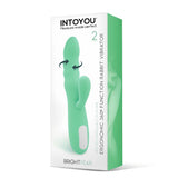 Кутия на вибратор Brightpear на IntoYou с мента-зелен продукт, стрелки за въртене на 360°, два мотора и надпис за USB зареждаем силикон