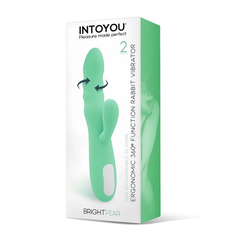 Кутия на вибратор Brightpear на IntoYou с мента-зелен продукт, стрелки за въртене на 360°, два мотора и надпис за USB зареждаем силикон