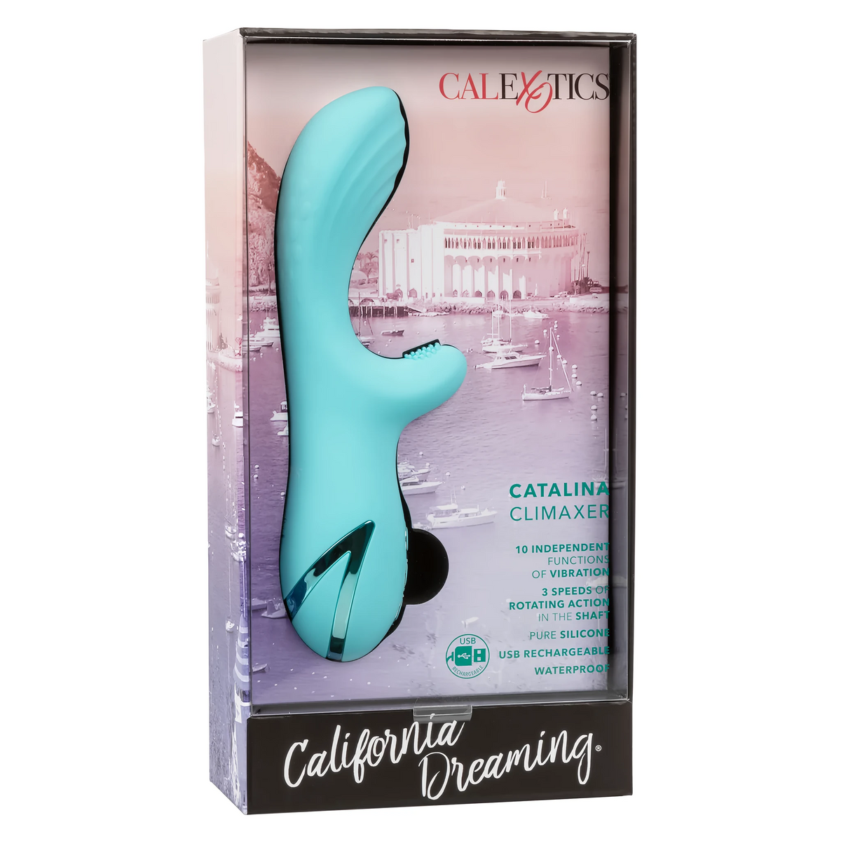 Кутия на вибратор Catalina Climaxer от серията California Dreaming с тюркоазен вибратор зад прозрачния прозорец и списък с функциите