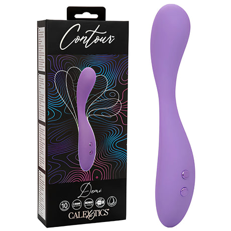 Лилав вибратор Contour Demi с две метални бутона до черната кутия на CalExotics с контурен шарен дизайн