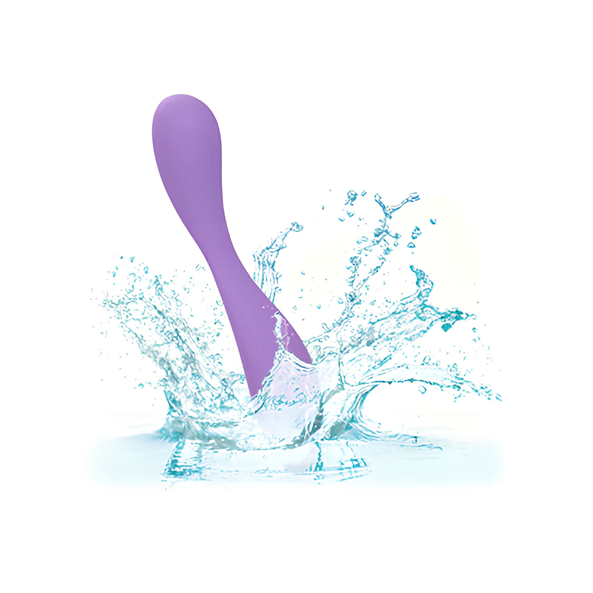 Лилавият вибратор Contour Demi, потопен в пръски вода, показва водоустойчивостта му