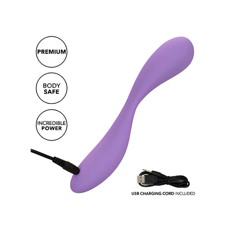 Лилавият вибратор Contour Demi, свързан със зареждащ кабел; бадж-ове "Premium", "Body safe" и "Incredible power" и включен USB кабел