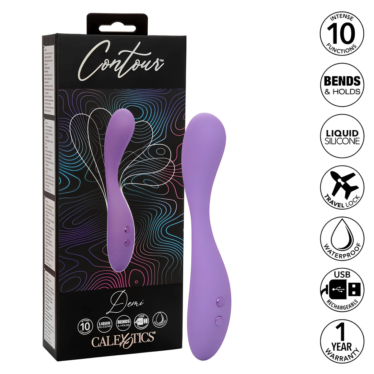 Вибратор Contour Demi в лилав цвят до черната си кутия, с иконки отстрани: 10 функции, течен силикон, водоустойчив, USB, 1 година гаранция