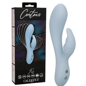 Вибратор Contour Kali в светлосиньо до черната кутия на CalExotics с надпис Contour и иконки за функции