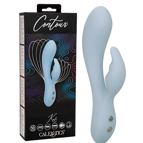 Вибратор Contour Kali в светлосиньо до черната кутия на CalExotics с надпис Contour и иконки за функции