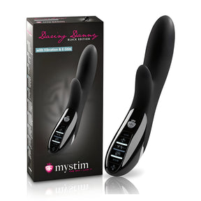 Вибратор Daring Danny Black Edition на My Stim в черно до черната си кутия с надпис „with Vibration & E-Stim“