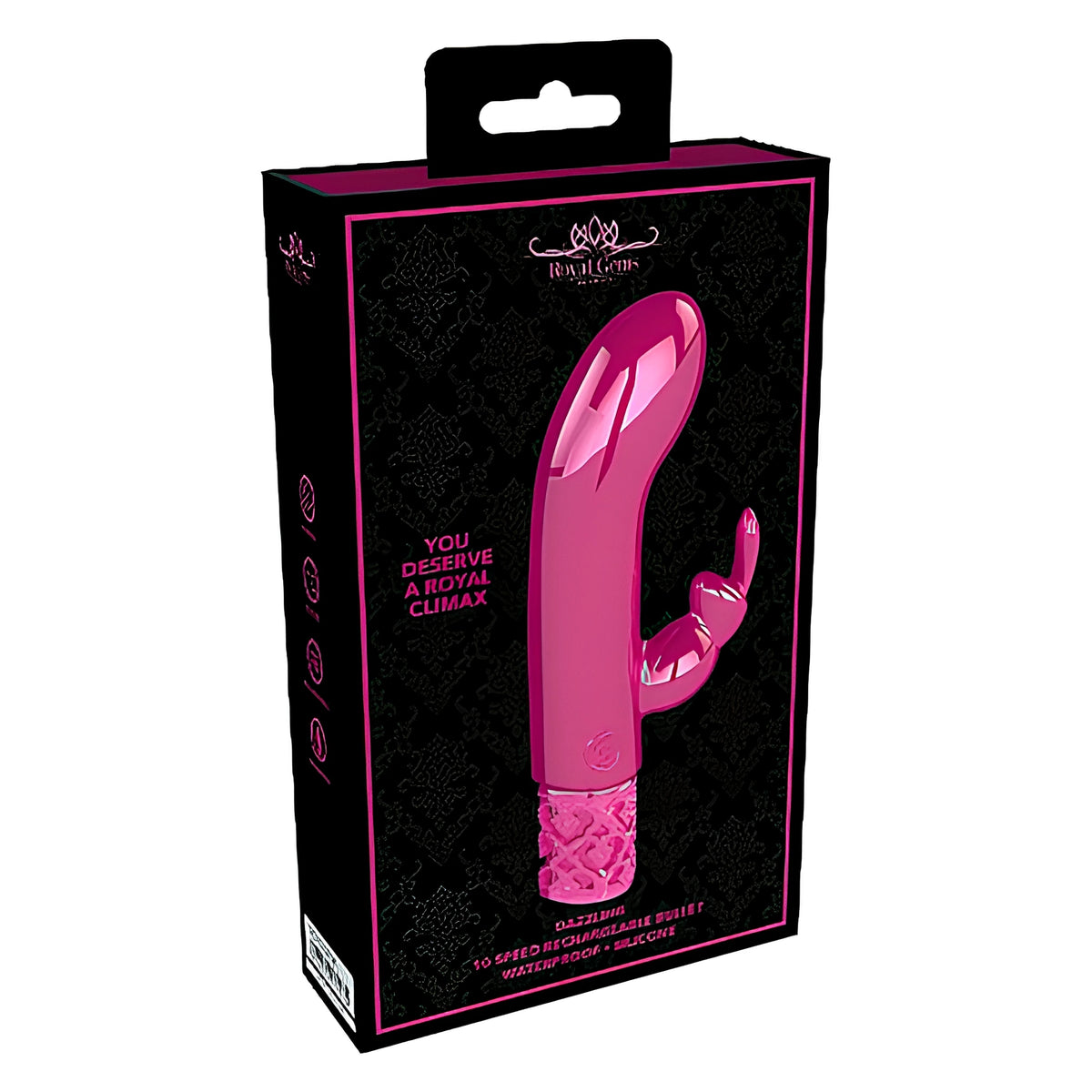 Черна кутия на вибратор Dazzling от серията Royal Gems с розов вибратор и надпис „10 speed rechargeable bullet, waterproof, silicone“