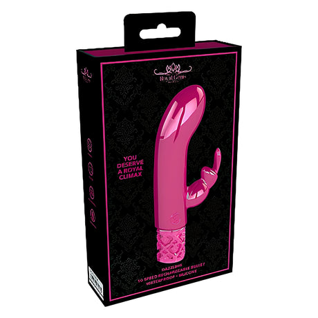 Черна кутия на вибратор Dazzling от серията Royal Gems с розов вибратор и надпис „10 speed rechargeable bullet, waterproof, silicone“