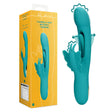 Вибратор Flapping G-Spot Butterfly в тюркоазен цвят до жълта кутия, със стрелки за движението на главата и пеперудата