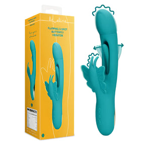 Вибратор Flapping G-Spot Butterfly в тюркоазен цвят до жълта кутия, със стрелки за движението на главата и пеперудата