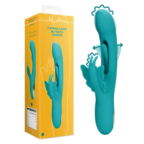 Вибратор Flapping G-Spot Butterfly в тюркоазен цвят до жълта кутия, със стрелки за движението на главата и пеперудата