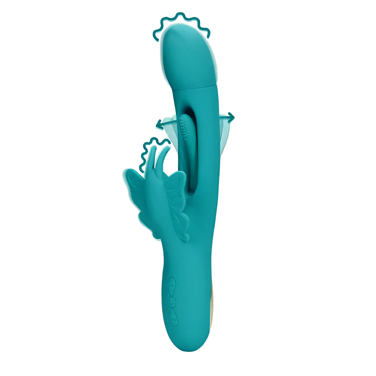 Вибратор Flapping G-Spot Butterfly на Shots в тюркоазен цвят с пеперуда и стрелки, показващи вибрация и потракващо движение